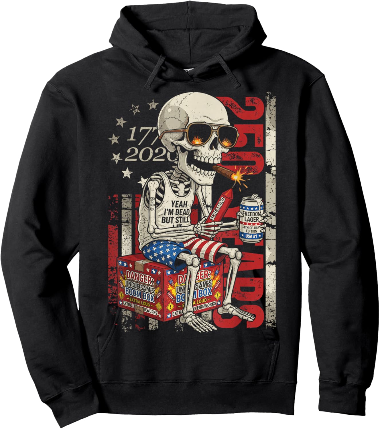 250 Years Funny Skeleton Fireworks American Flag 4th of July Hoodie - Hoodie | Black