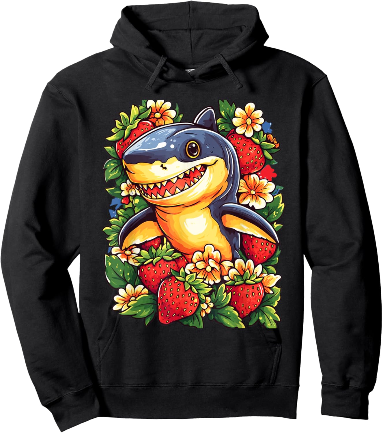 Shark Strawberries and Flowers Graphic Cute Shark Hoodie - Hoodie | Black