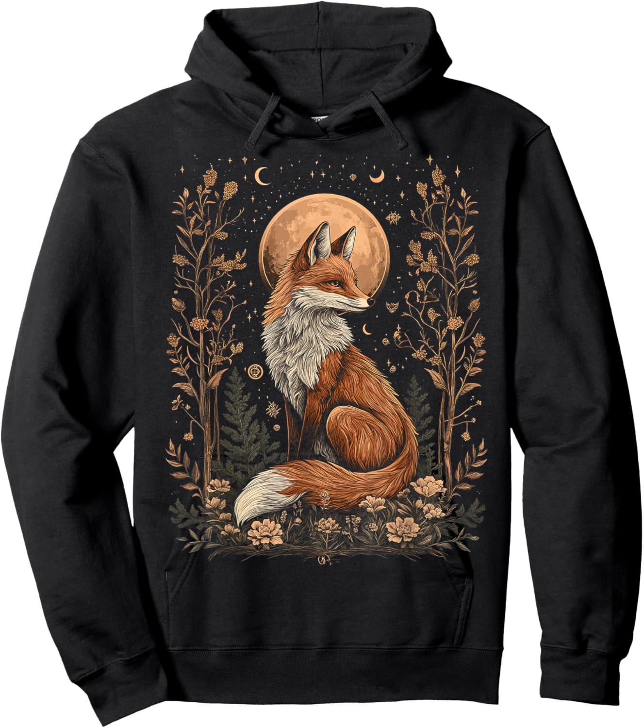 Mystic Moon and Moonphase Fox Mystical Flowers Aesthetic Hoodie - Hoodie | Black