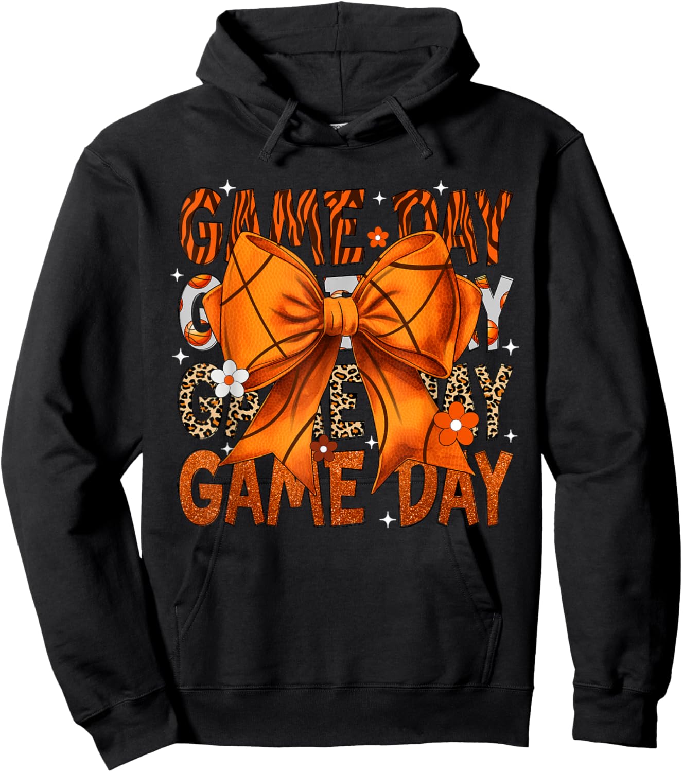 Game Day Basketball Bow Coquette Leopard Basketball Hoodie - Hoodie | Black