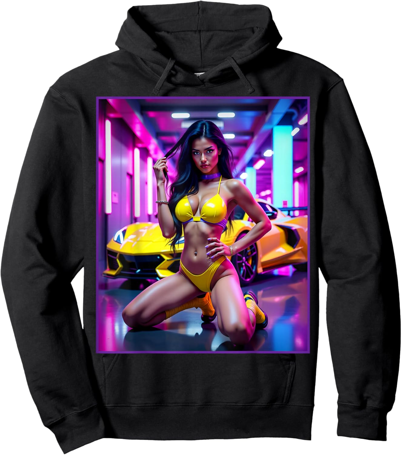 Latina T Shirt - Sexy Girl with Yellow Muscle Car Hoodie - Hoodie | Black