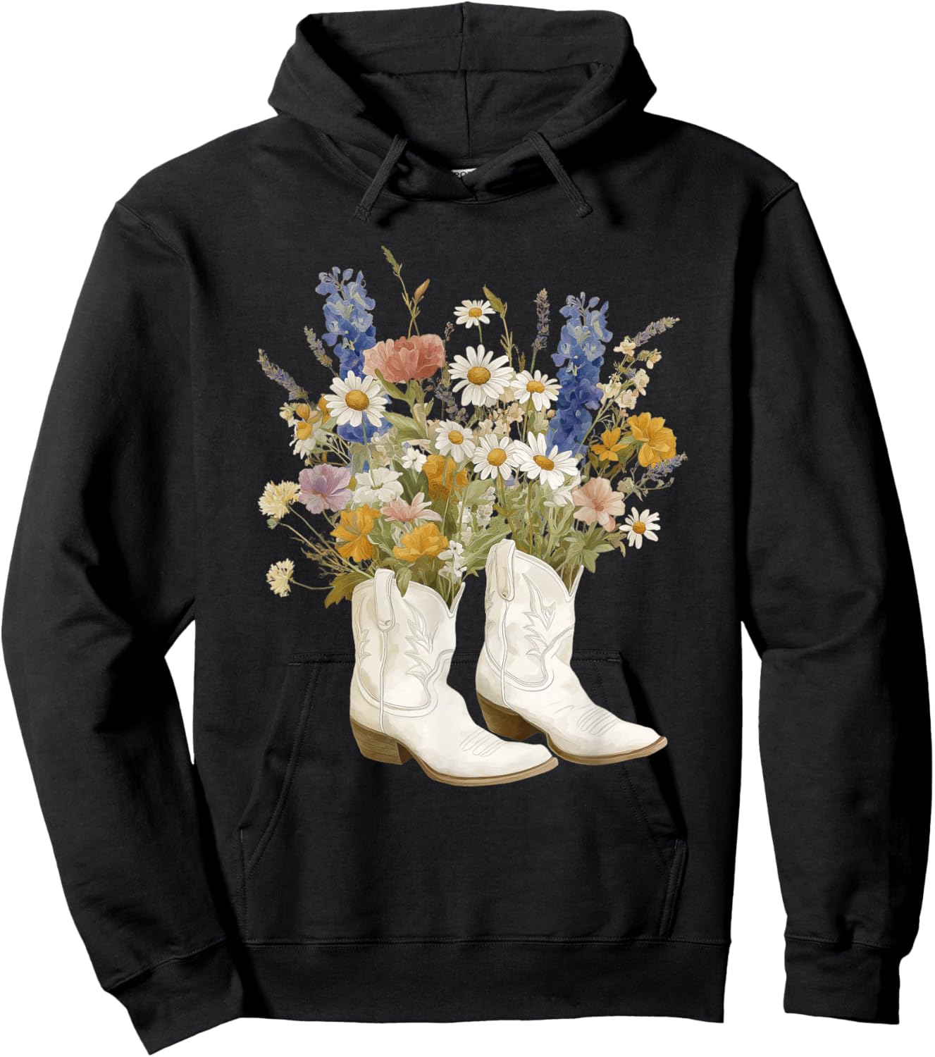 Cowboy Cowgirl Women Boots Flowers Vintage Rodeo Western Hoodie - Hoodie | Black