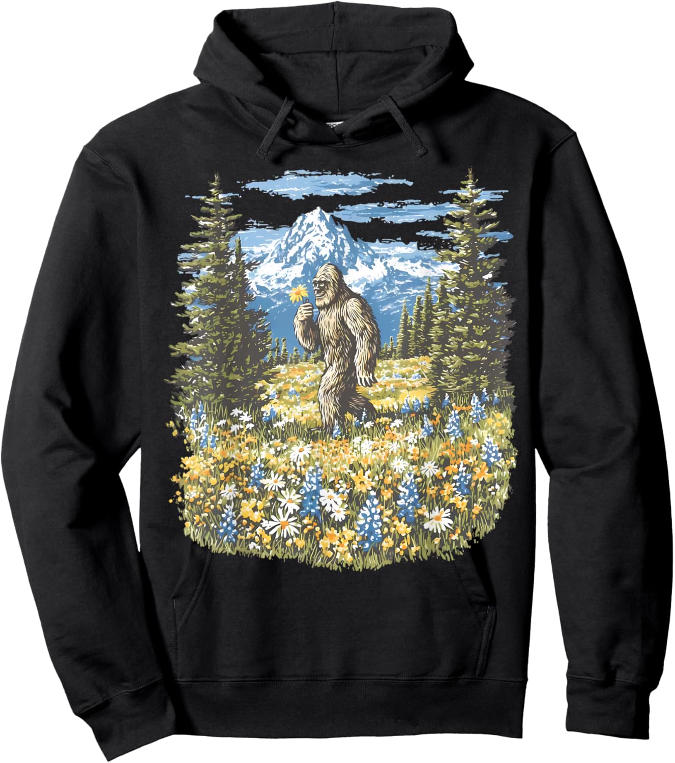 Bigfoot in Flower Field Mountain Hiking Nature Sasquatch Hoodie - Hoodie | Black