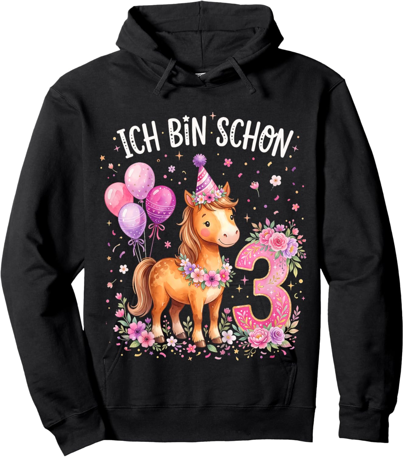 Ich Bin Schon 3 Geburtstag Pferde Hoodie - Hoodie | Black