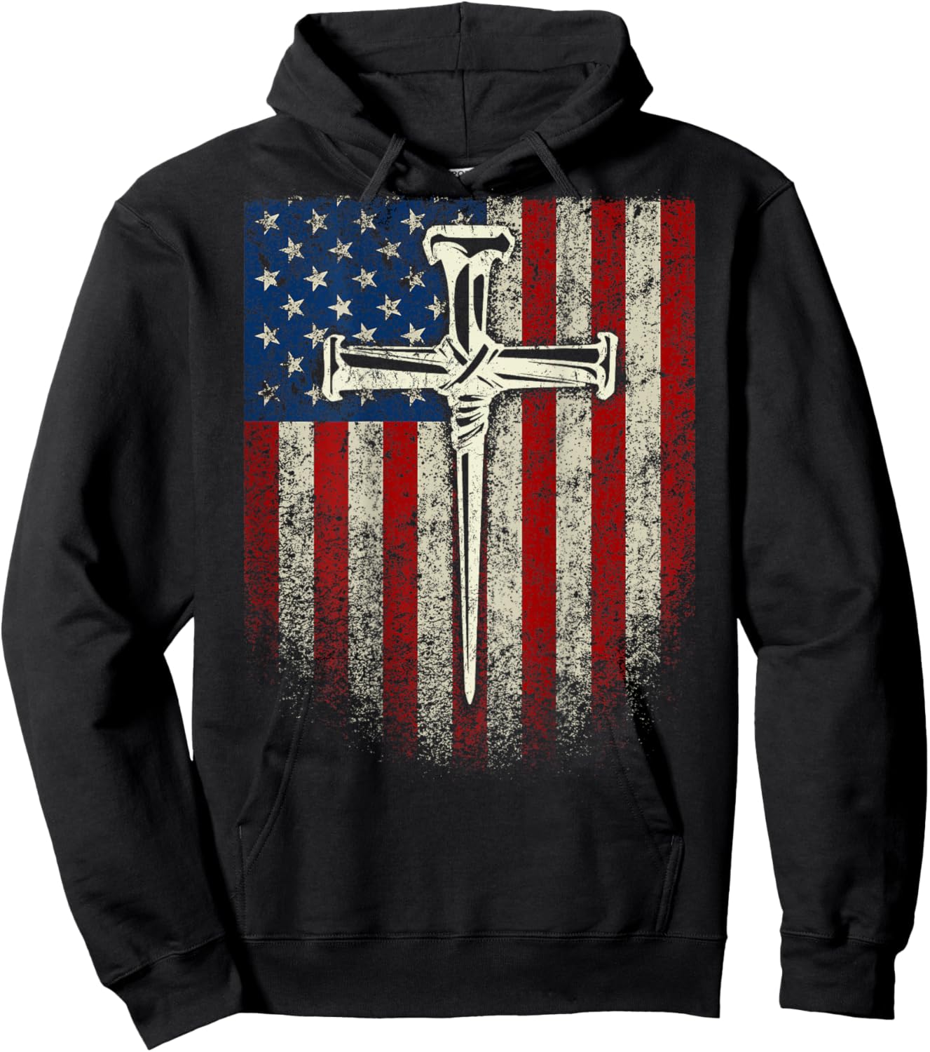 (Art on Back) American US Flag Cross Christian Hoodie - Hoodie | Black