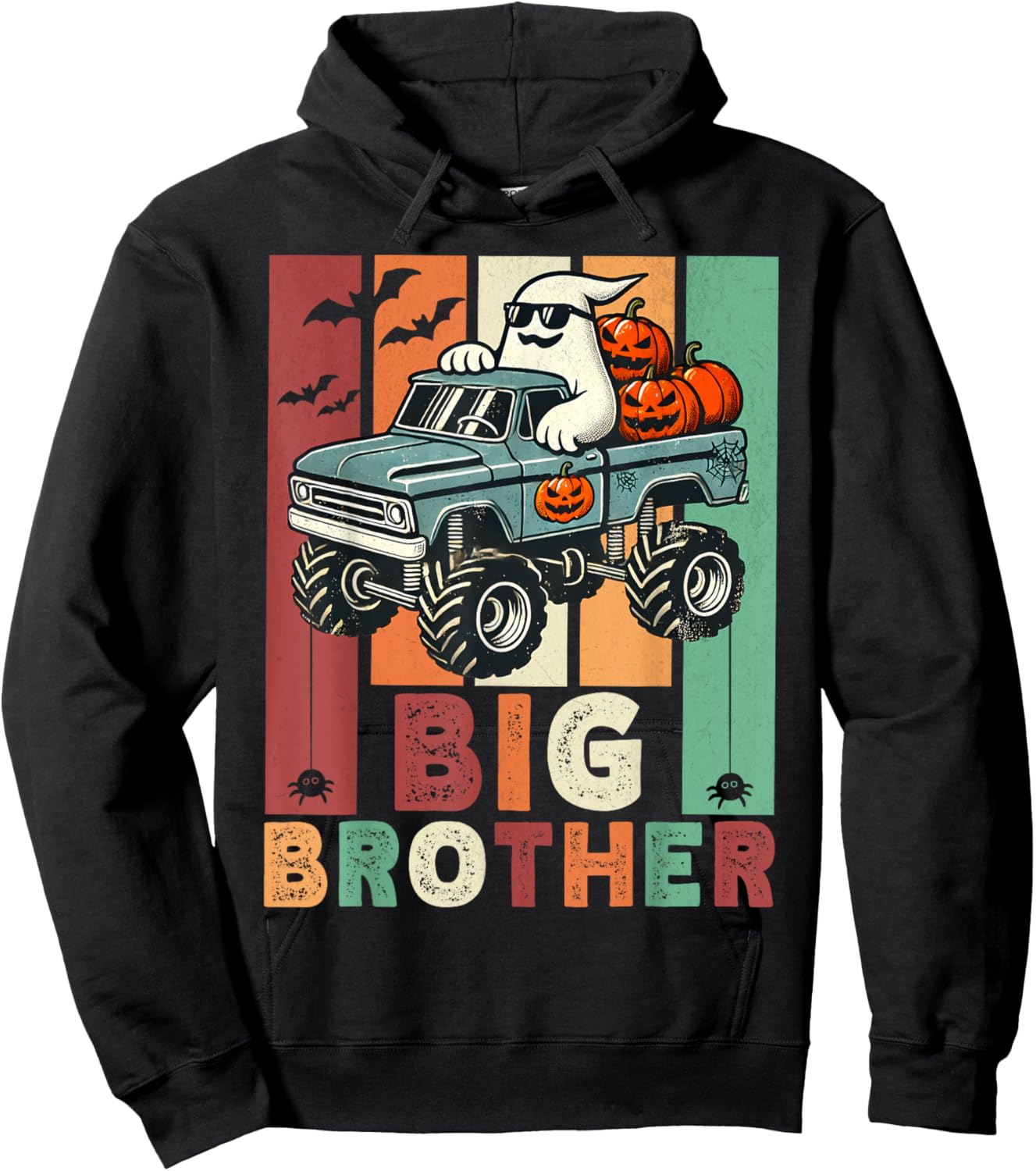 Vintage Ghost Monster Truck Halloween Big Brothers Pumpkins Hoodie - Hoodie | Black