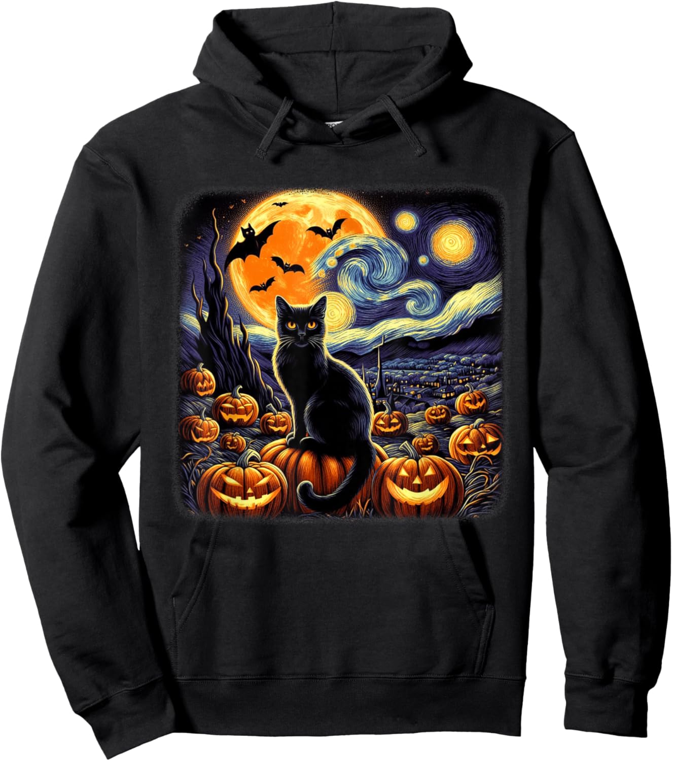 Van Gogh Cat Starry Night Cat Halloween Pumpkin Cat Lovers Hoodie - Hoodie | Black