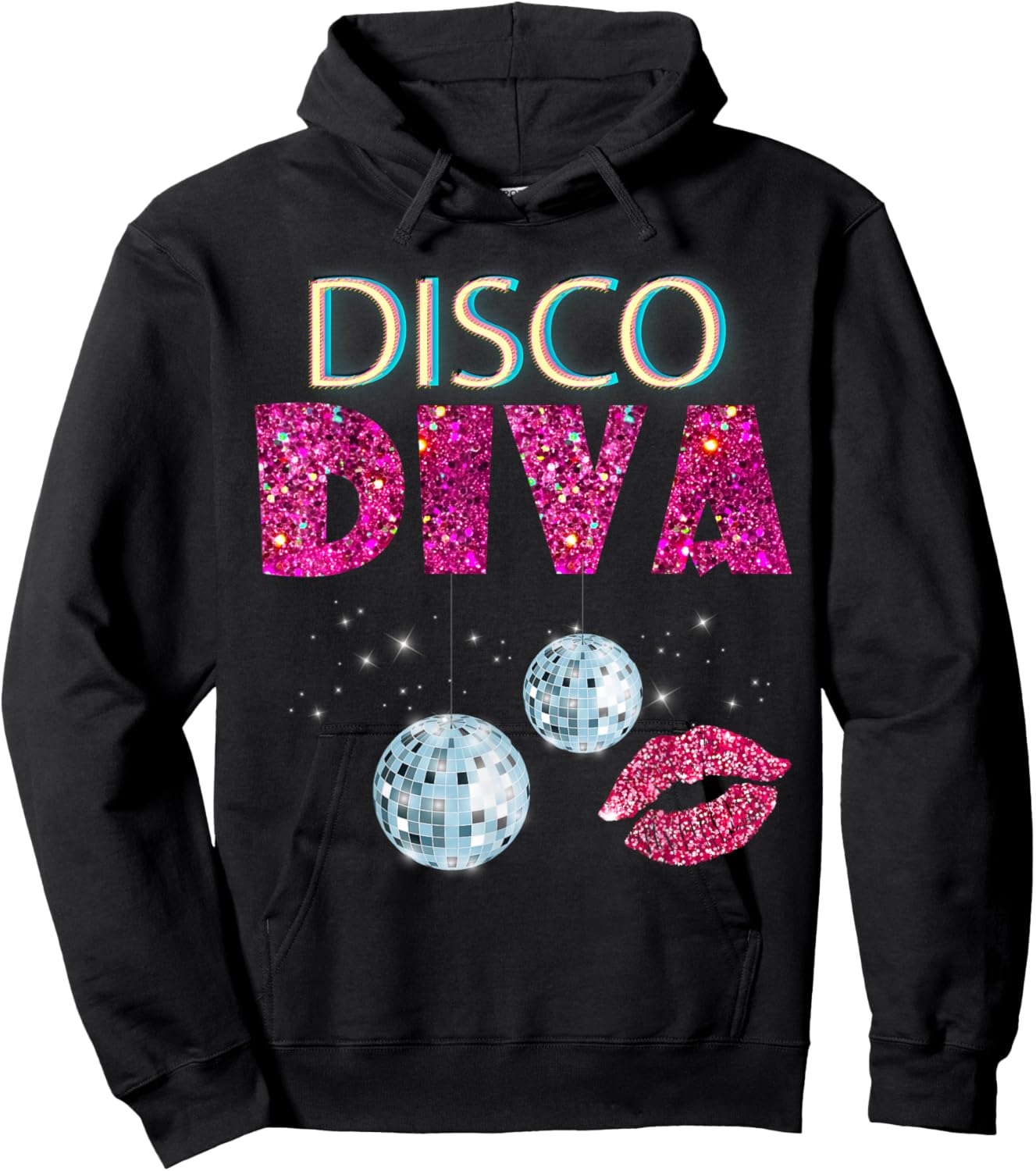 Disco Diva Ladies Disco Gold Ball Silver Red Lips Hoodie - Hoodie | Black