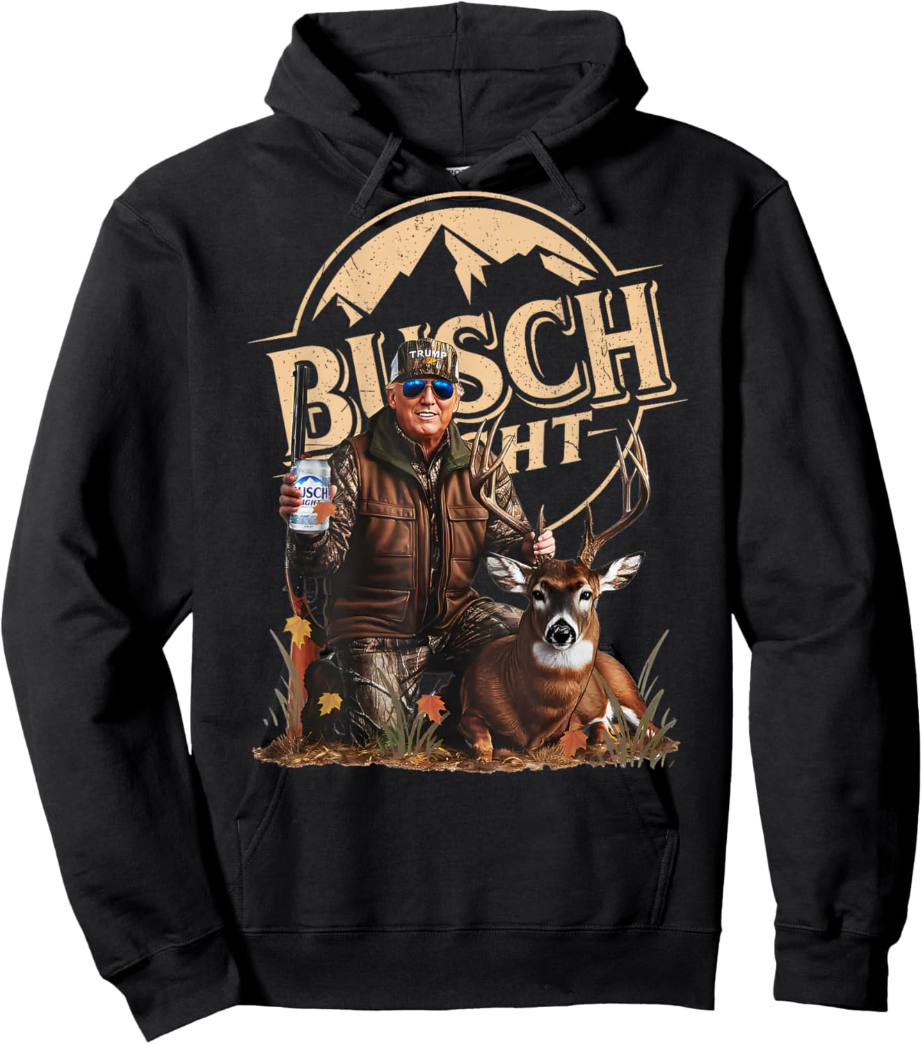 Retro Trump Hunting Deer Funny Beer Drinking Hunting ON Back Hoodie - Hoodie | Black