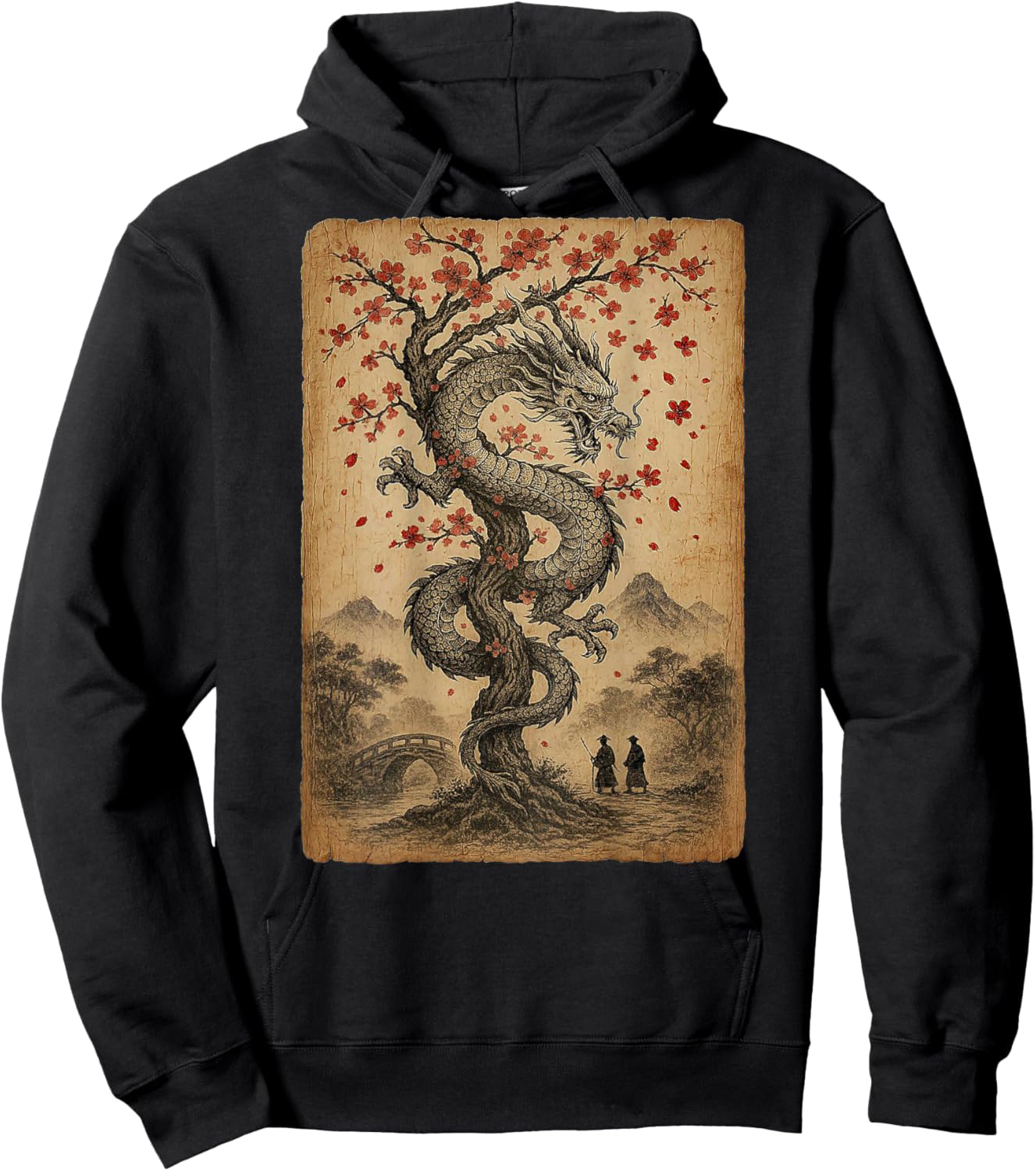Vintage Japanese Dragon with Cherry Blossom Tree Wooden Hoodie - Hoodie | Black