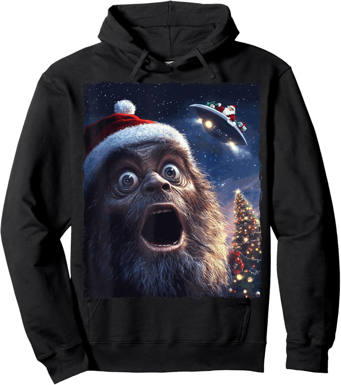 Funny Bigfoot Sasquatch Selfie Santa Ufo Xmas Christmas Hoodie - Hoodie | Black