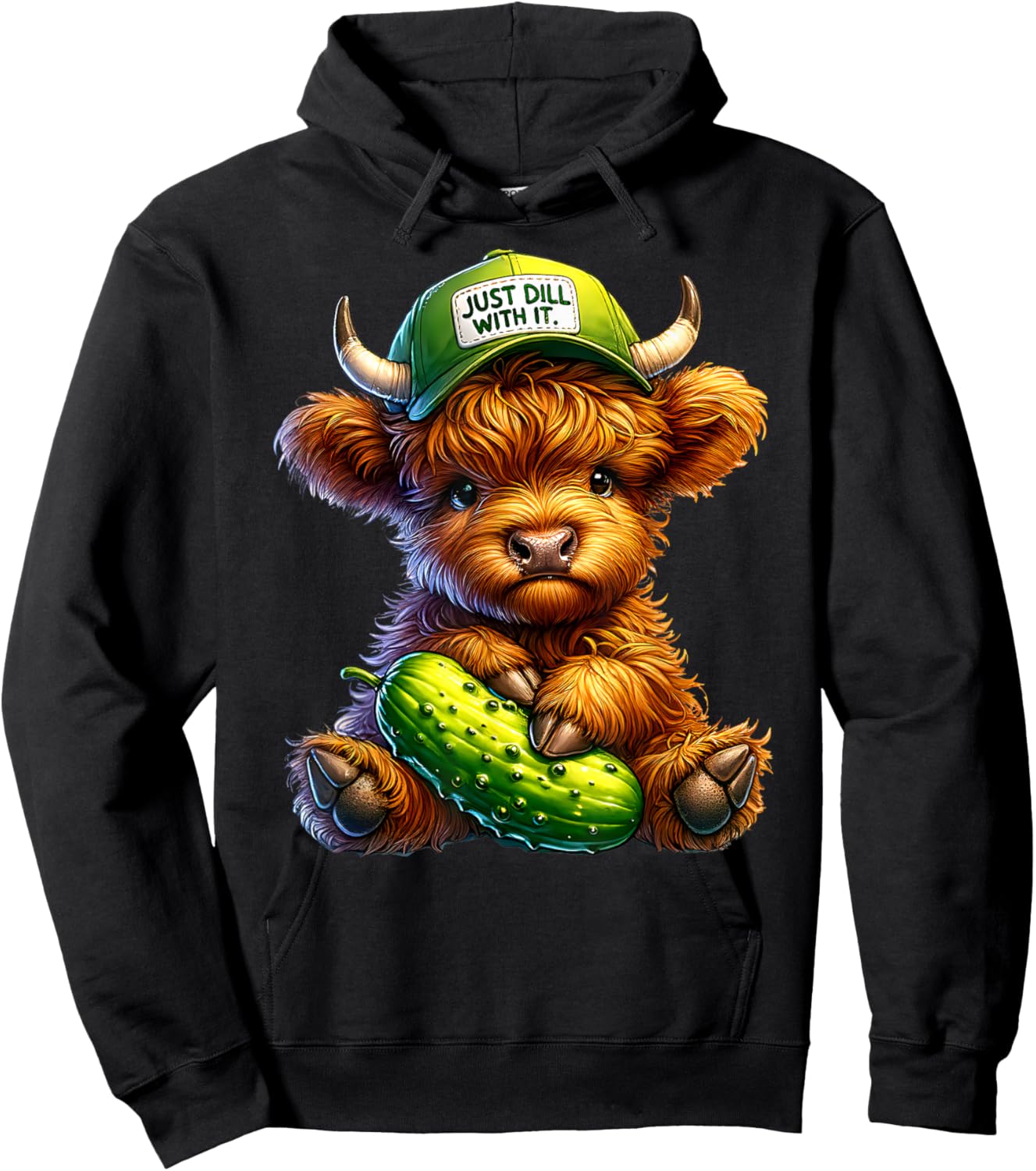 Dill With It Cute Highland Cow Pickle Hat Farm Animal Lover Hoodie - Hoodie | Black