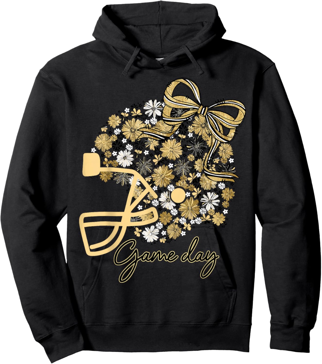Floral Football Game Day Girly Bow Team Spirit Black & Gold Hoodie - Hoodie | Black