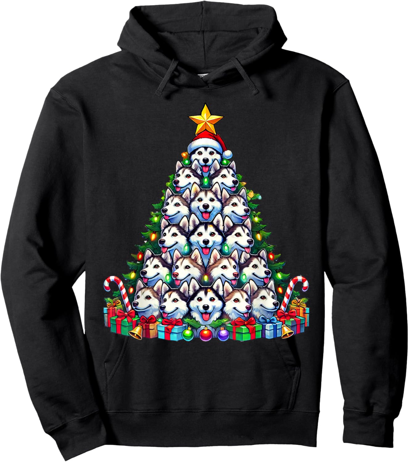 Siberian Husky Dog Christmas Tree Funny Husky Xmas Hoodie - Hoodie | Black