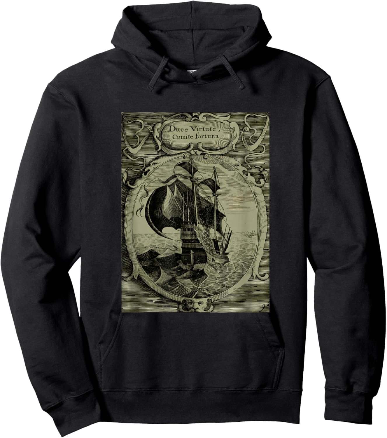 Latin Currency Virtute Duce Comite Fortuna Ship Hoodie - Hoodie | Black