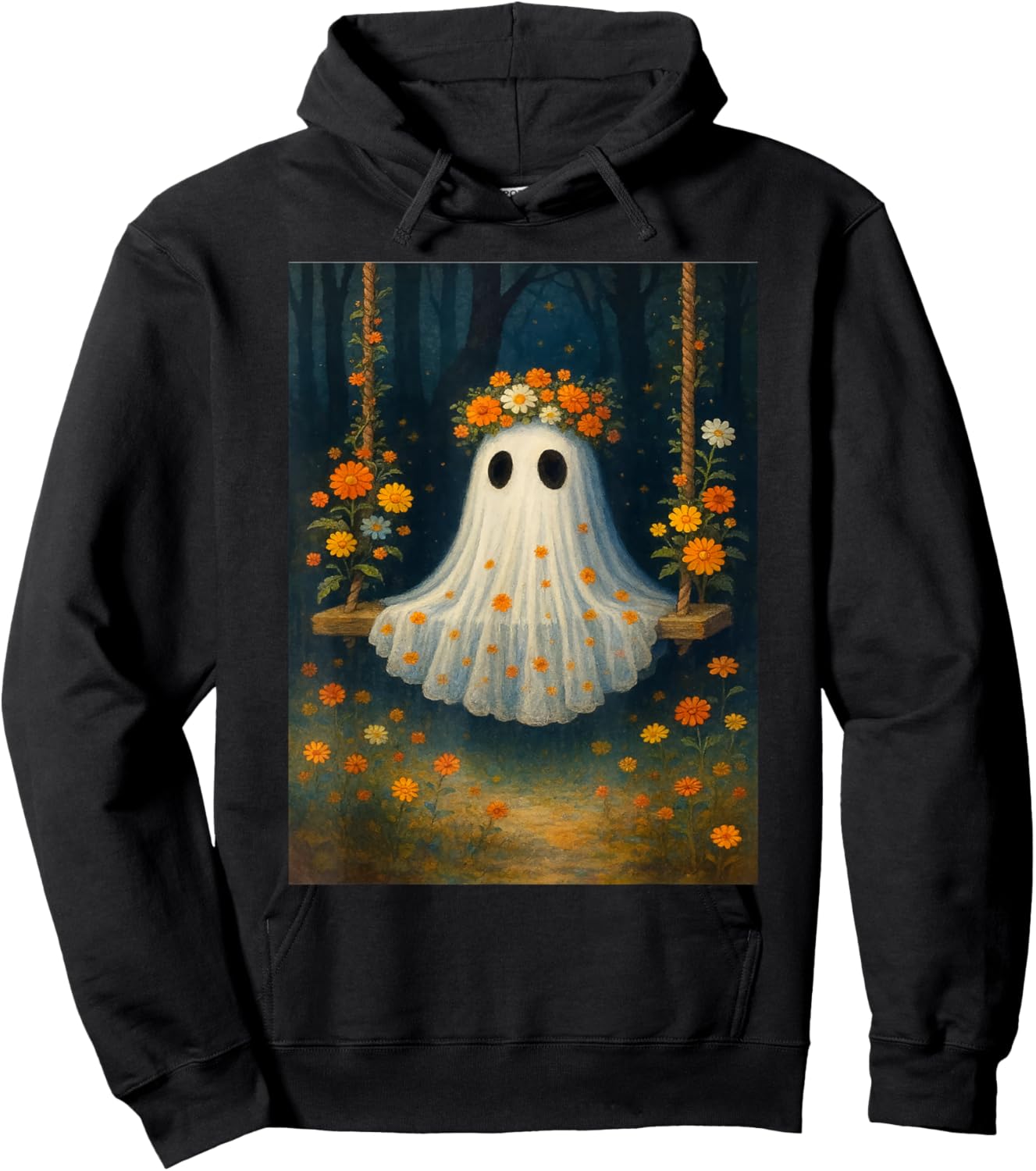 Vintage Floral Ghost Halloween Ghost in The Forest Gothic Hoodie - Hoodie | Black