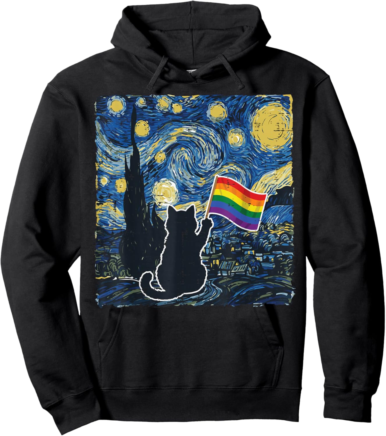 Starry Night Cat Rainbow Flag Funny Gay Pride LGBT Men Women Hoodie - Hoodie | Black