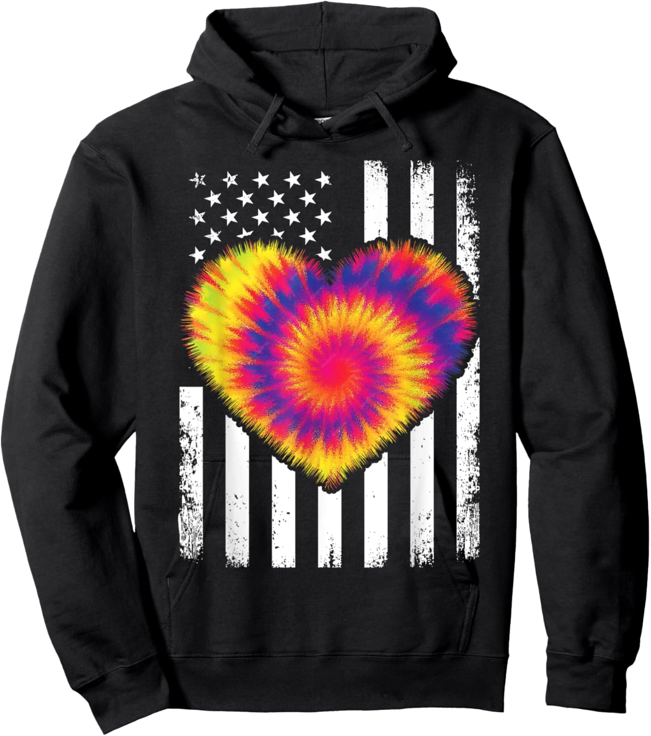 Tie Dye Heart Usa Flag Colors White, Red & Blue 4th of July Hoodie - Hoodie | Black