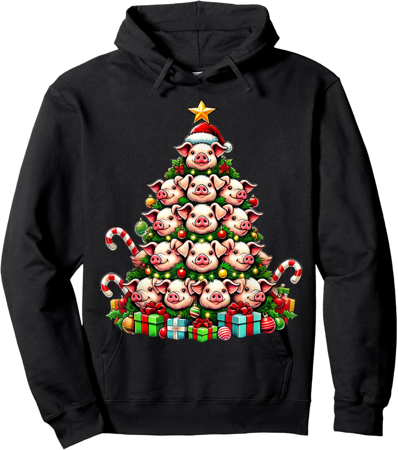 Pig Christmas Tree Funny Pig Xmas Hoodie - Hoodie | Black