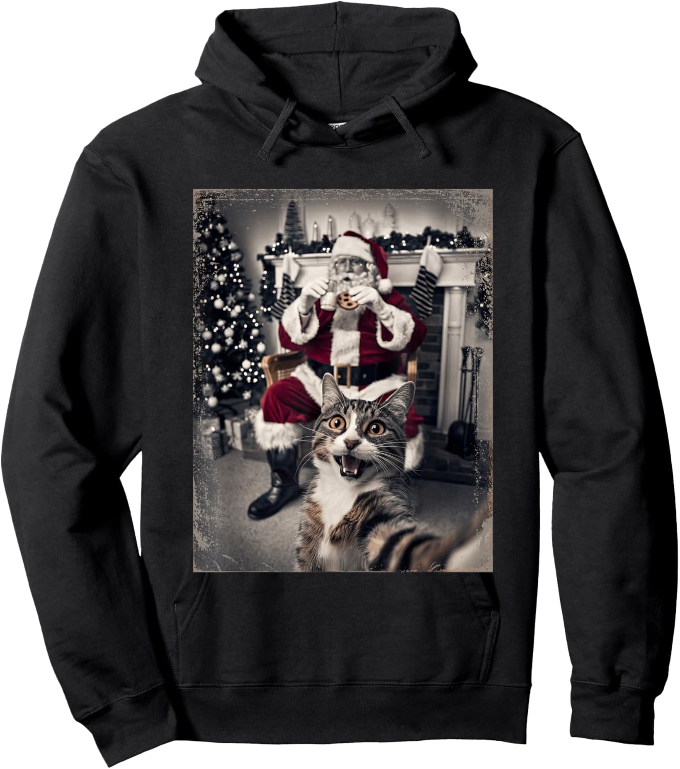 Funny Xmas Cat Selfie Santa Ugly Sweater Christmas Outfit Hoodie - Hoodie | Black
