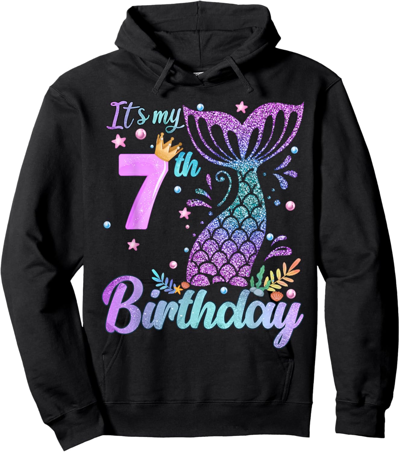 It's My 7th Birthday Mermaid Girl Theme 7 Years Old Hoodie - Hoodie | Black