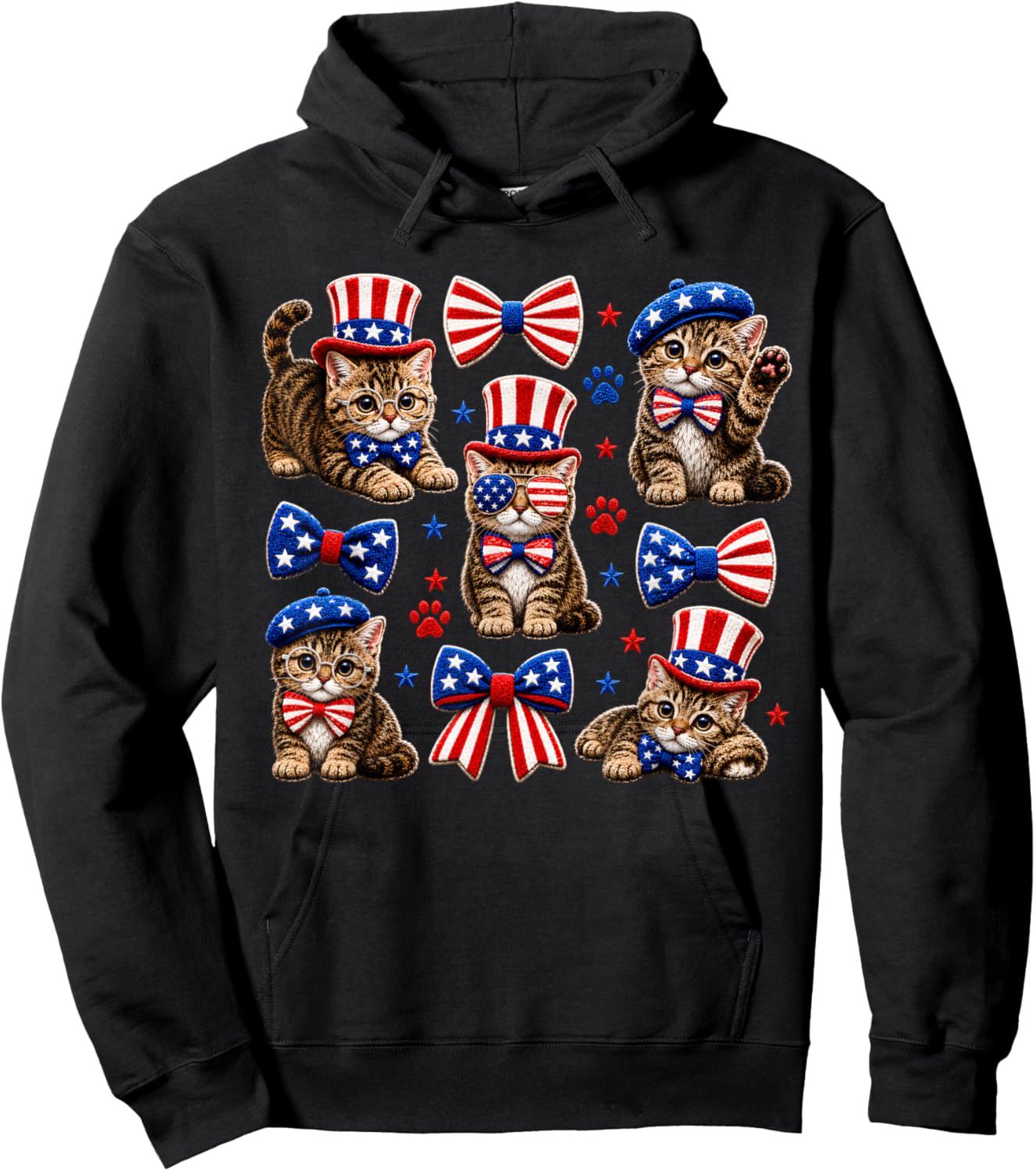 Patriotic Cat 4th of July Bow American Flag Girls Women Hoodie - Hoodie | Black