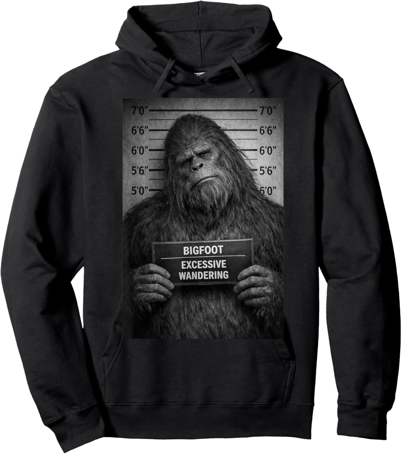Funny Bigfoot Mugshot Wandering Humor Design Hoodie - Hoodie | Black
