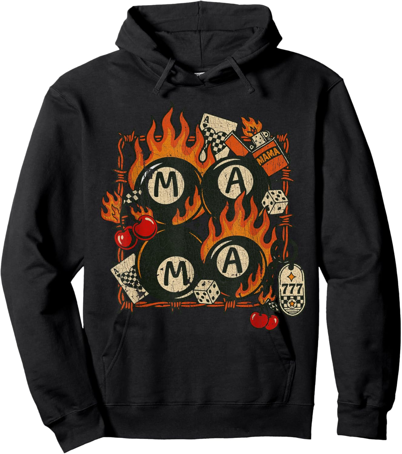 Edgy Mama 8 Ball Flames Cherries Vintage Rockabilly Hoodie - Hoodie | Black