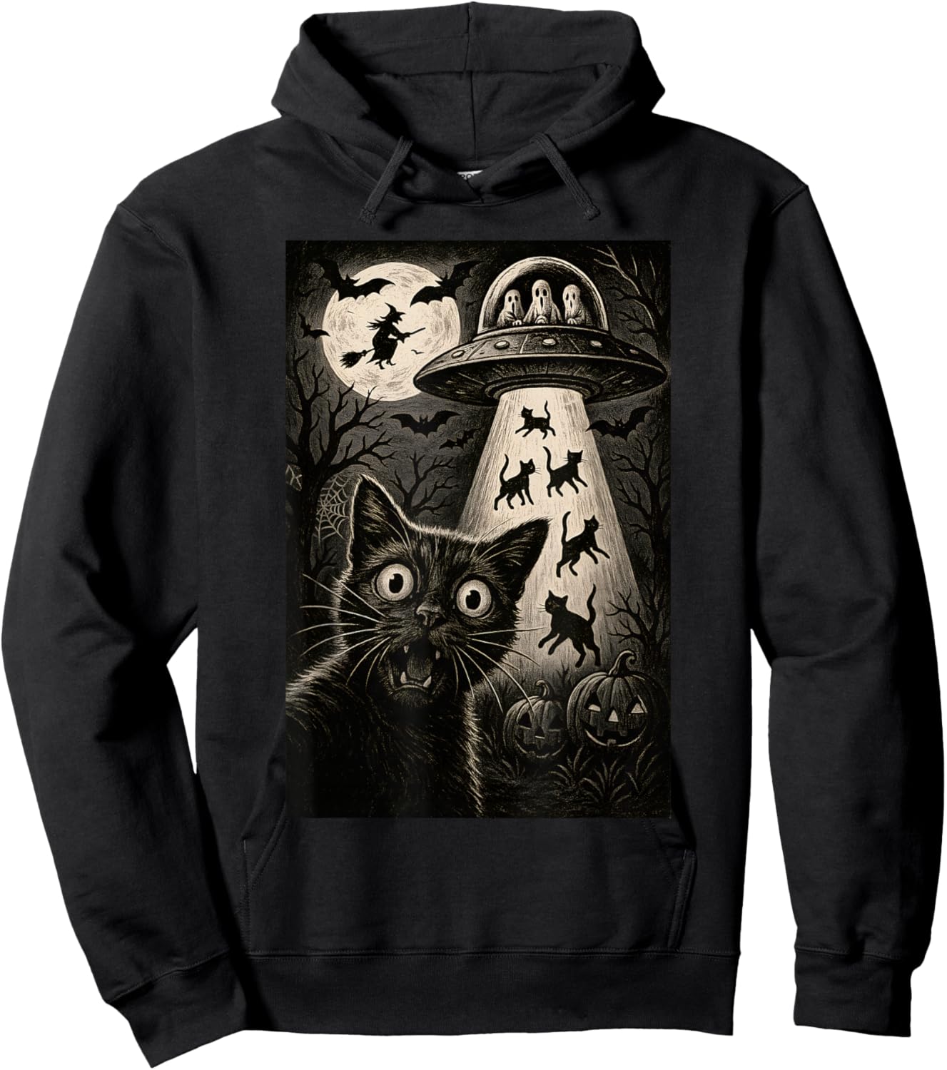 Halloween Cat Selfie Scary Alien Abduction Cats UFO Flying Hoodie - Hoodie | Black