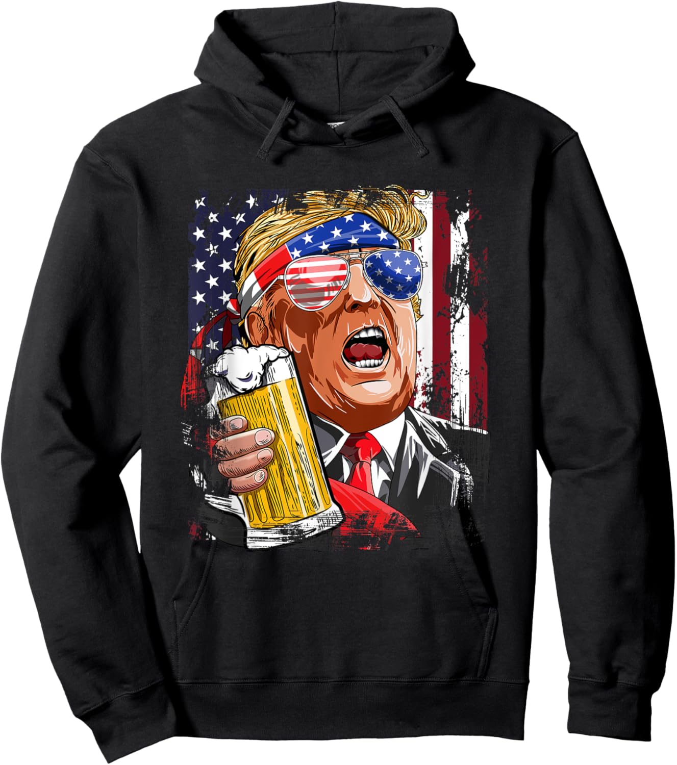 Donald Trump Drinking Beer Merica Trump 4th Of July US Flag Hoodie - Hoodie | Black