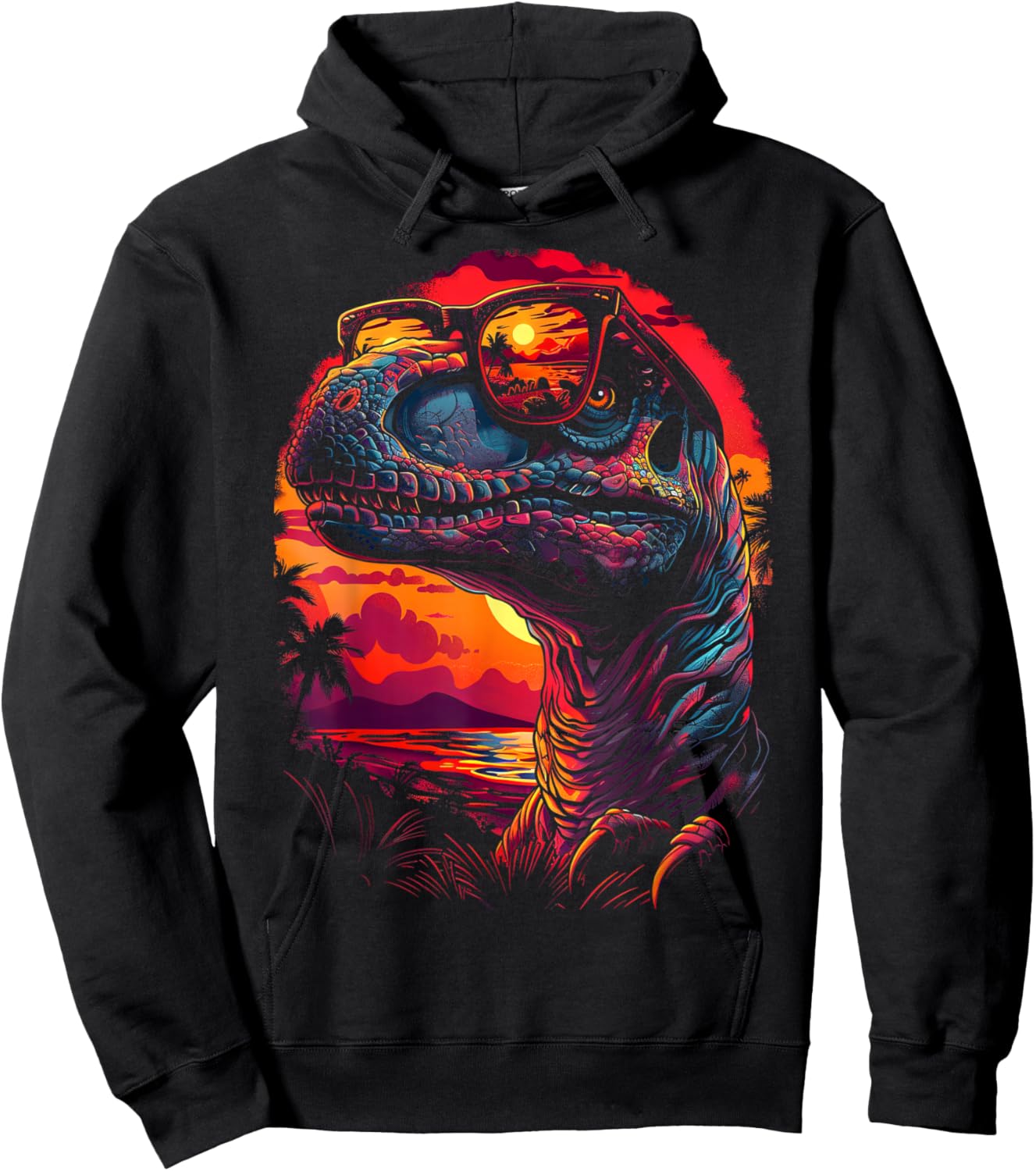 Dinosaur Wearing Shades Funny Vintage Graphic Hoodie - Hoodie | Black