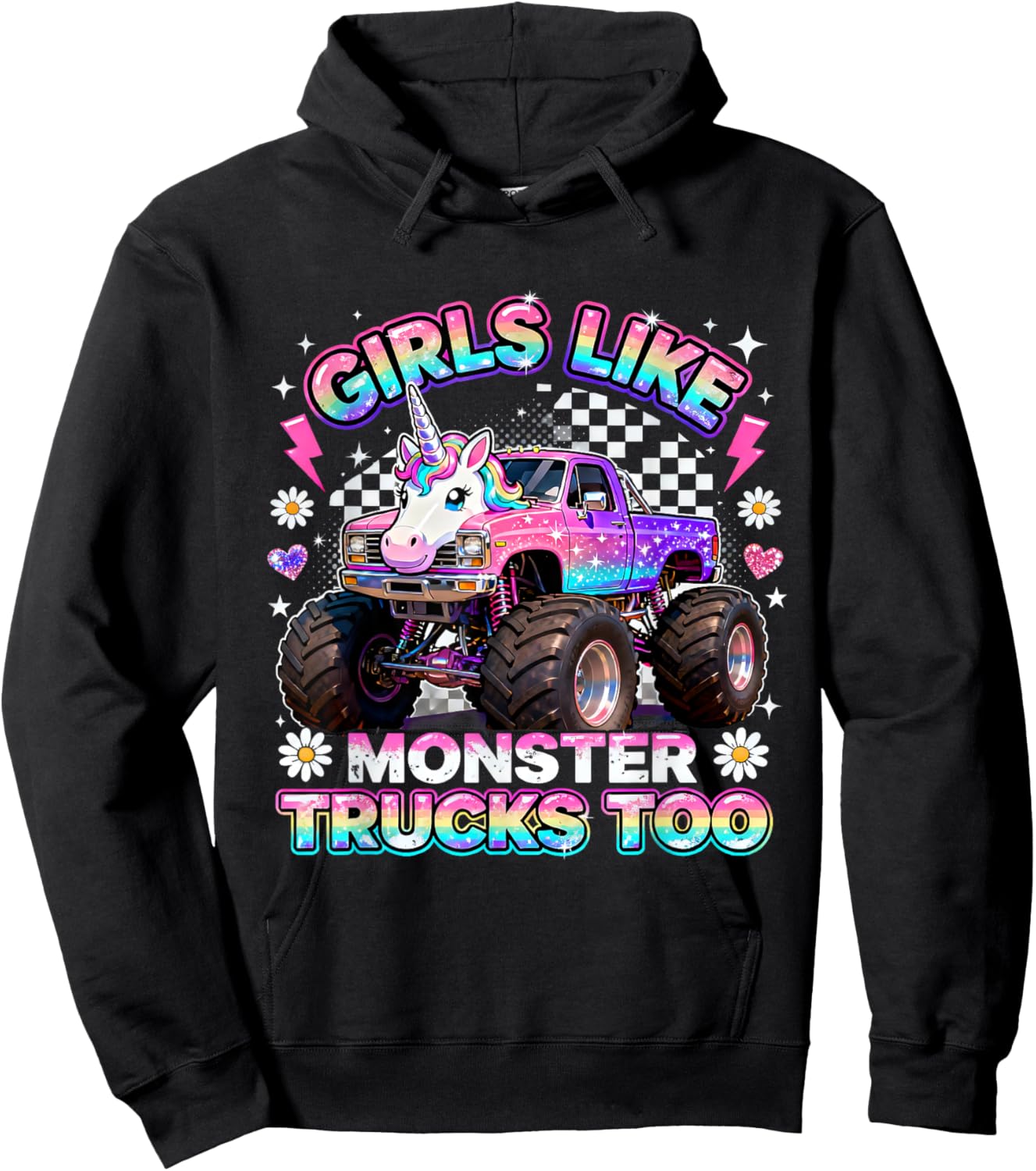 Girls Like Monster Trucks Too Cute Unicorn Truck Design Hoodie - Hoodie | Black