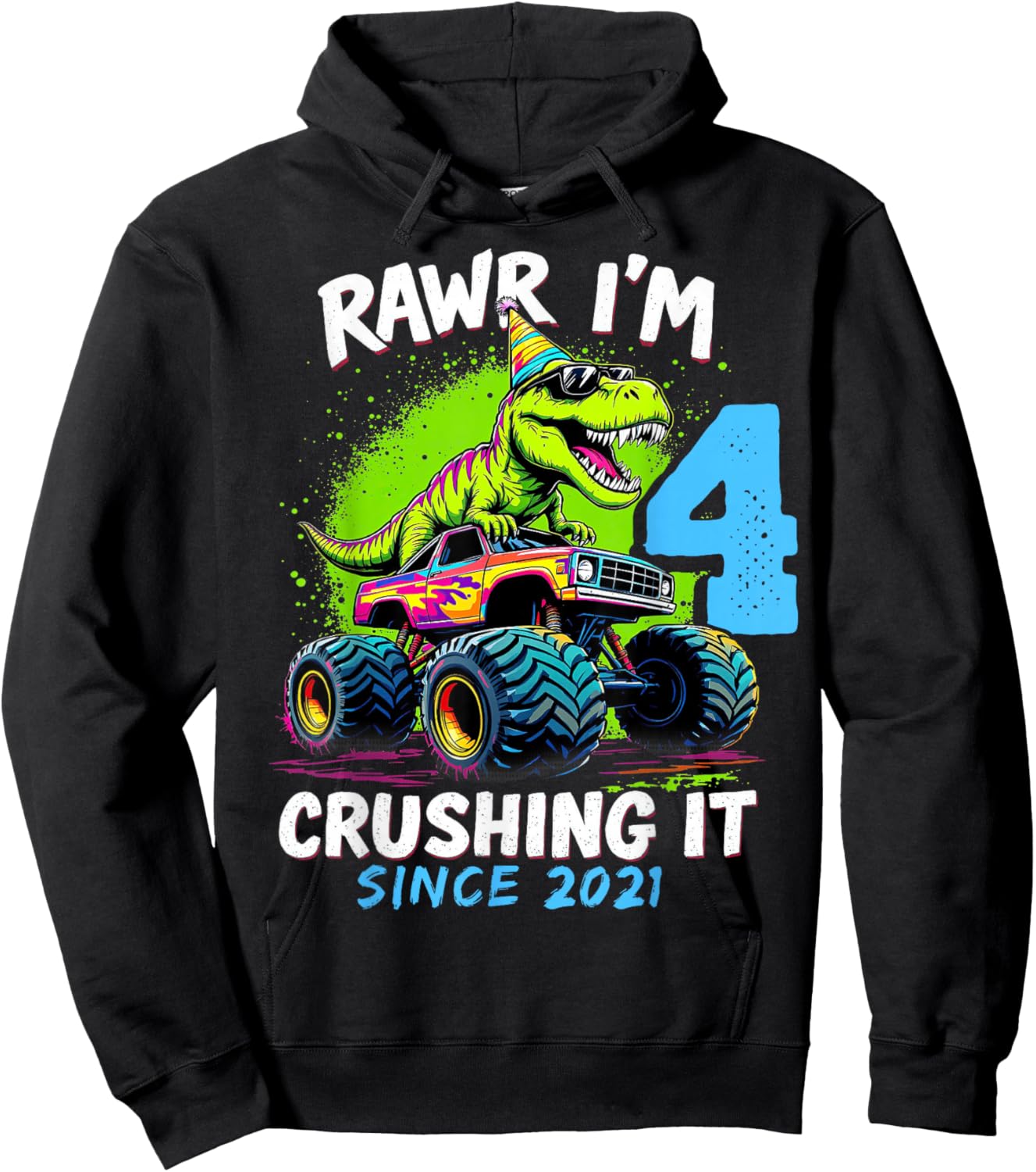 4th Birthday Monster Truck Dinosaur Party Boys Rawr I'm 4 Hoodie - Hoodie | Black