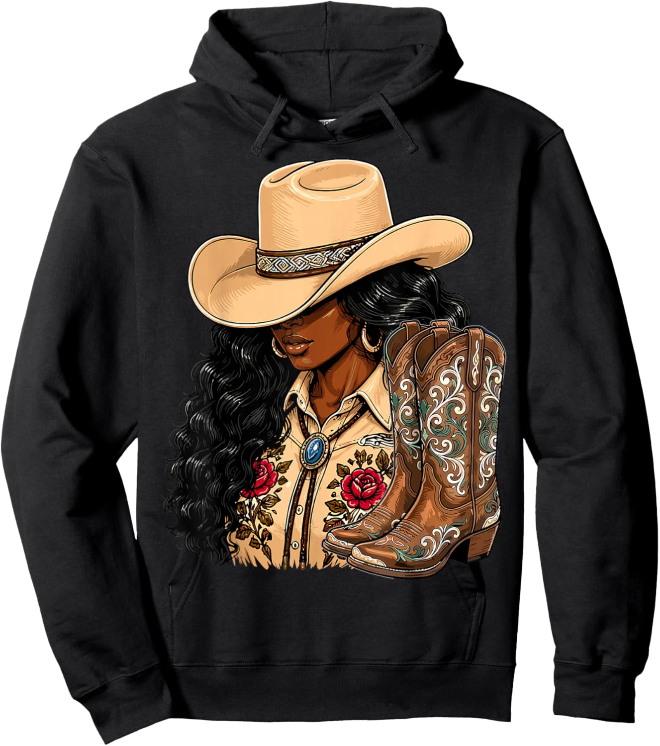 Melanin Cowgirl Western Boots Country Hoodie - Hoodie | Black