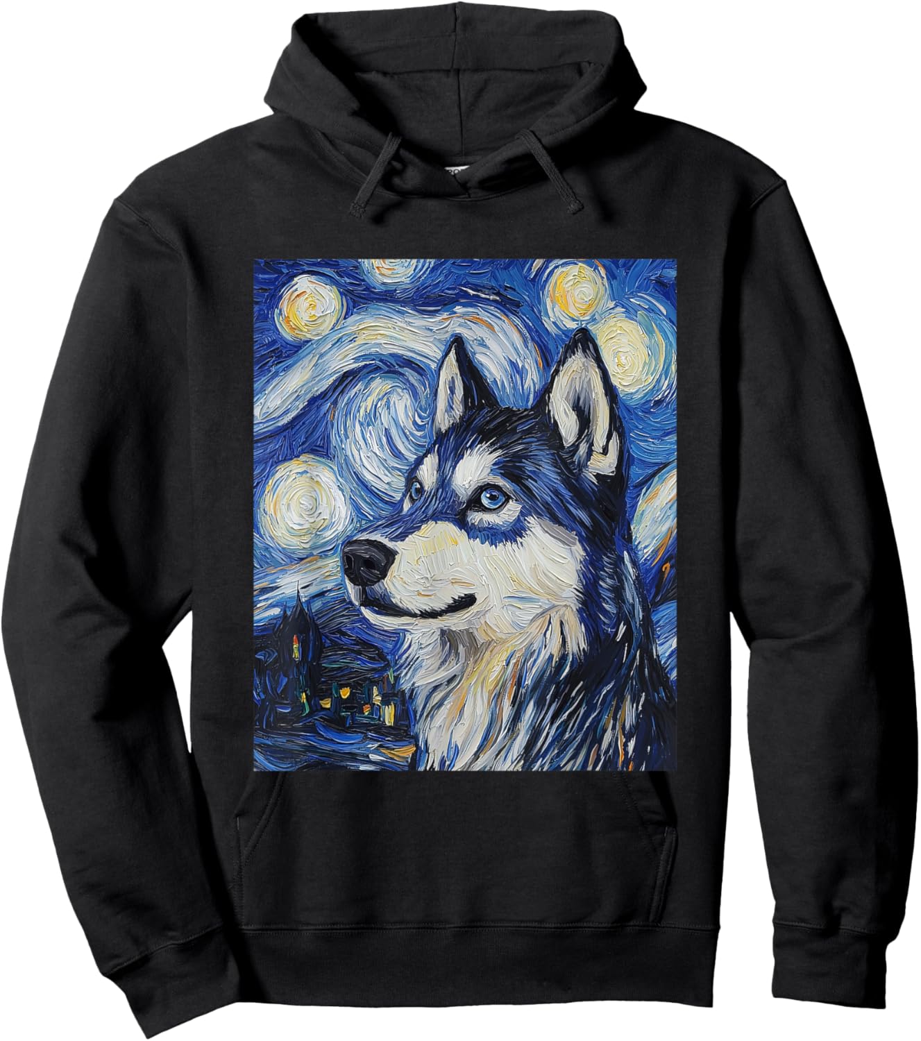 Siberian Husky Dog Wolf Van Gogh Style Starry Night Hoodie - Hoodie | Black