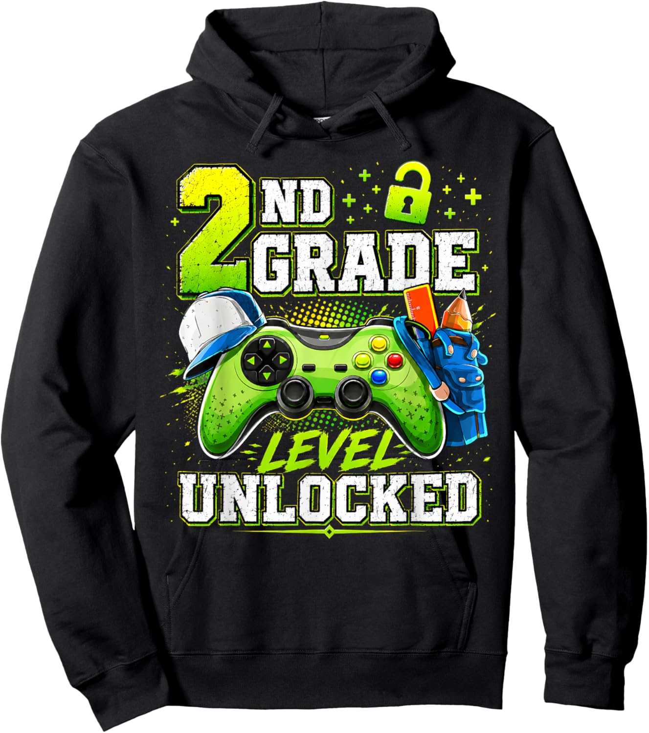 Back to School 2nd Second Grade Level Unlocked Gamer Kid Hoodie - Hoodie | Black
