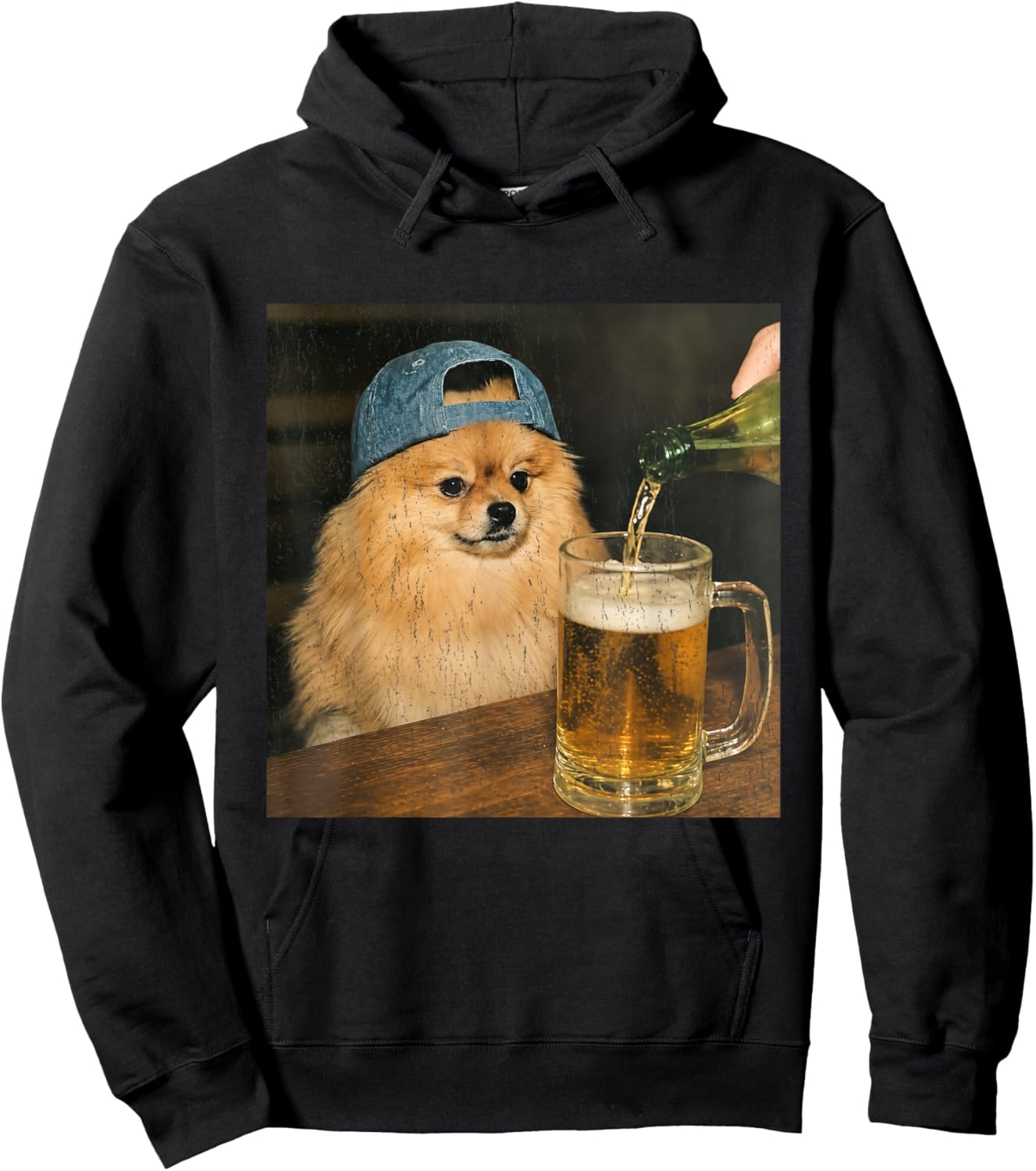 Pomeranian Drinking Beer Shirt Funny Dog Meme Art Vintage Hoodie - Hoodie | Black