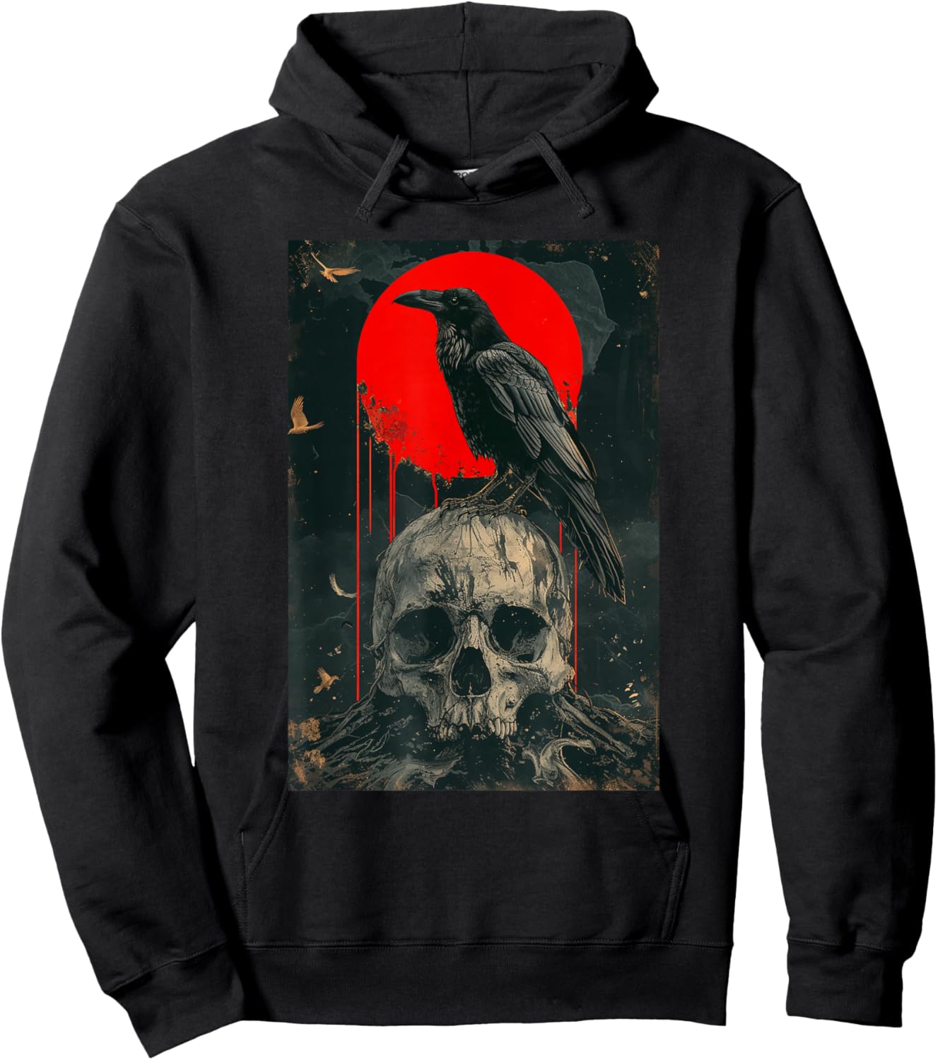 Red Moon Black Gothic Raven Skull Graphic Black Crow Hoodie - Hoodie | Black