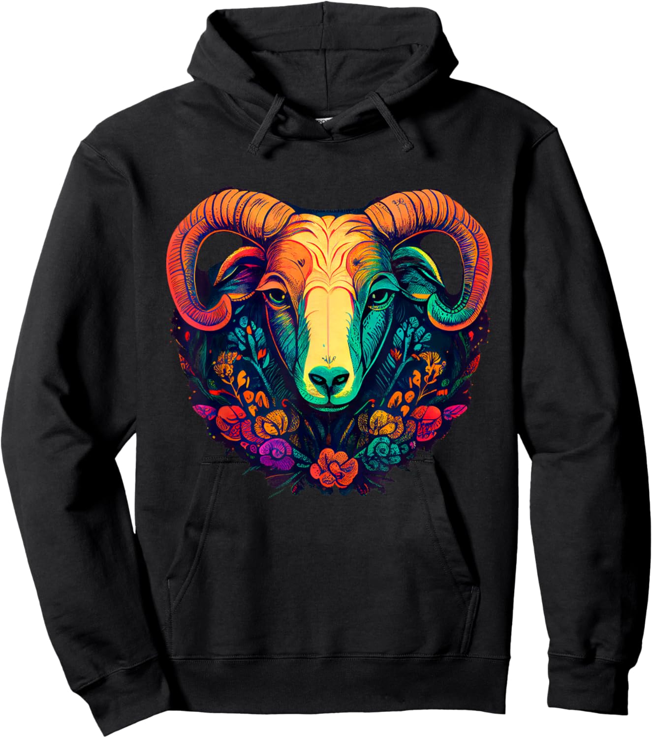 Vivid Ram Head with Floral Patterns Hoodie - Hoodie | Black