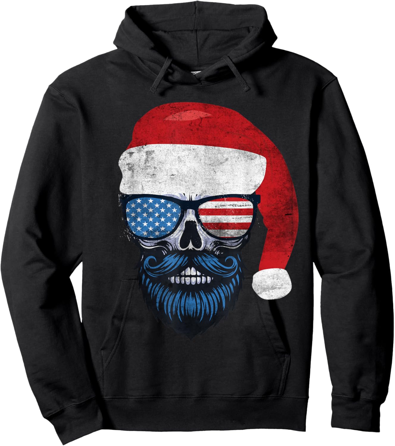 Hipster Santa US Flag Bearded Skull Sunglasses Patriotic Hoodie - Hoodie | Black
