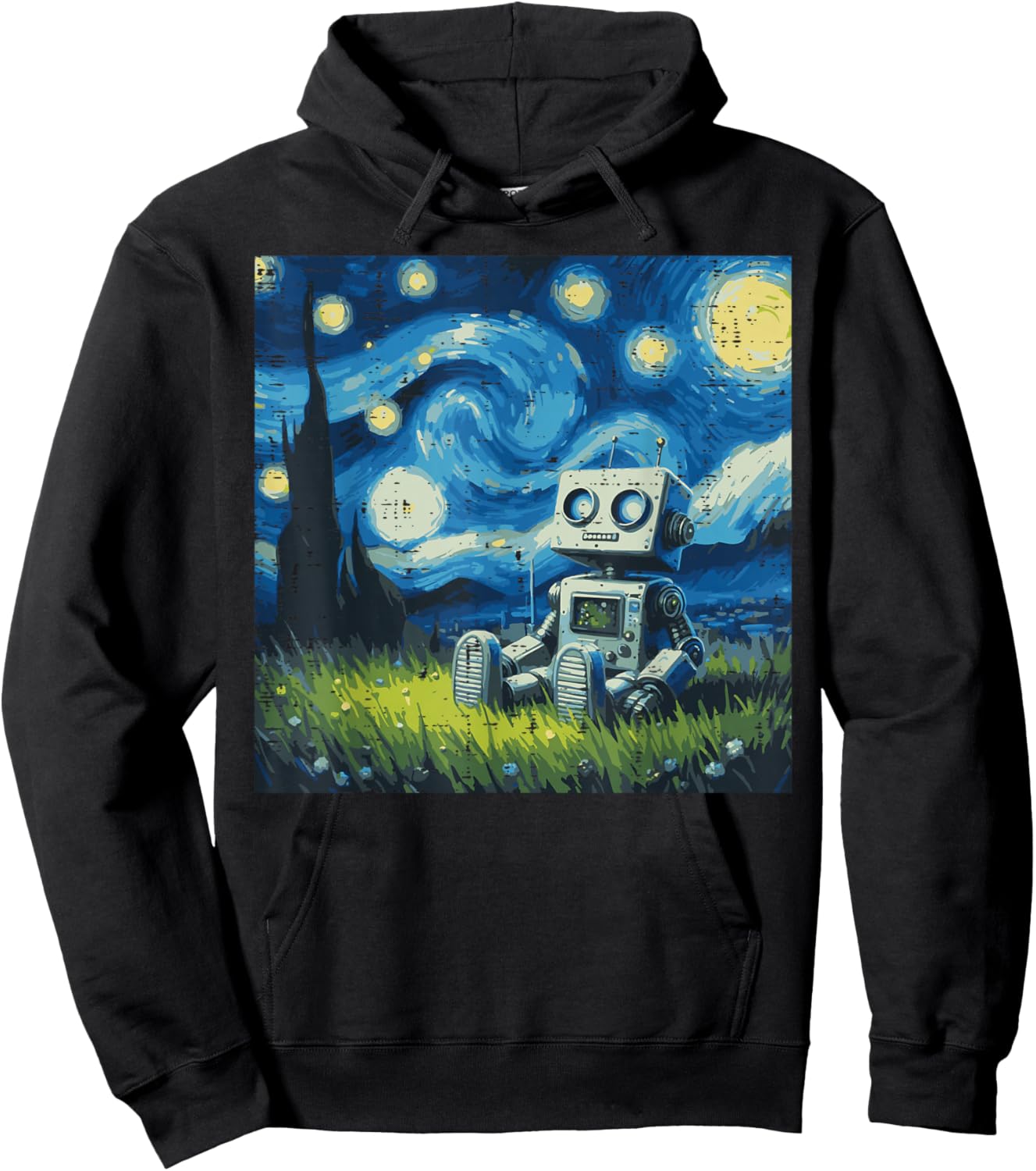 Robot Starry Night Funny Painting Art Meme Kids Men Women Hoodie - Hoodie | Black