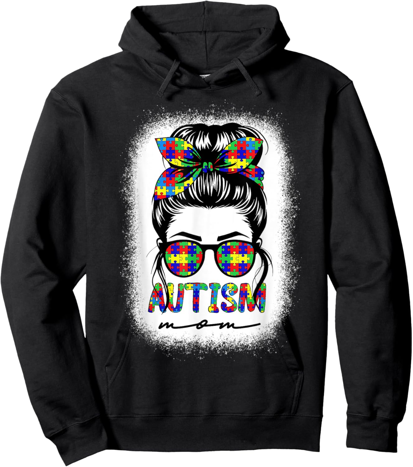 Autism Mom Messy Bun Puzzle Piece Awareness Mothers Day Hoodie - Hoodie | Black