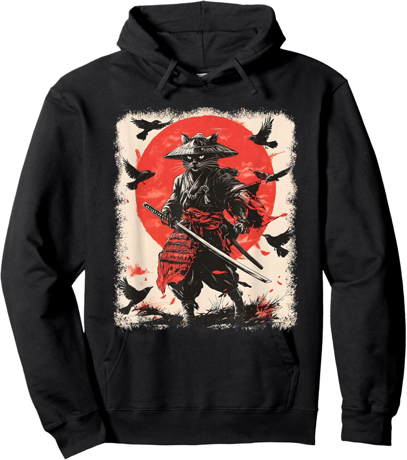 Samurai Cat, Japanese Warrior Art | Anime & Vintage Samurai Hoodie - Hoodie | Black