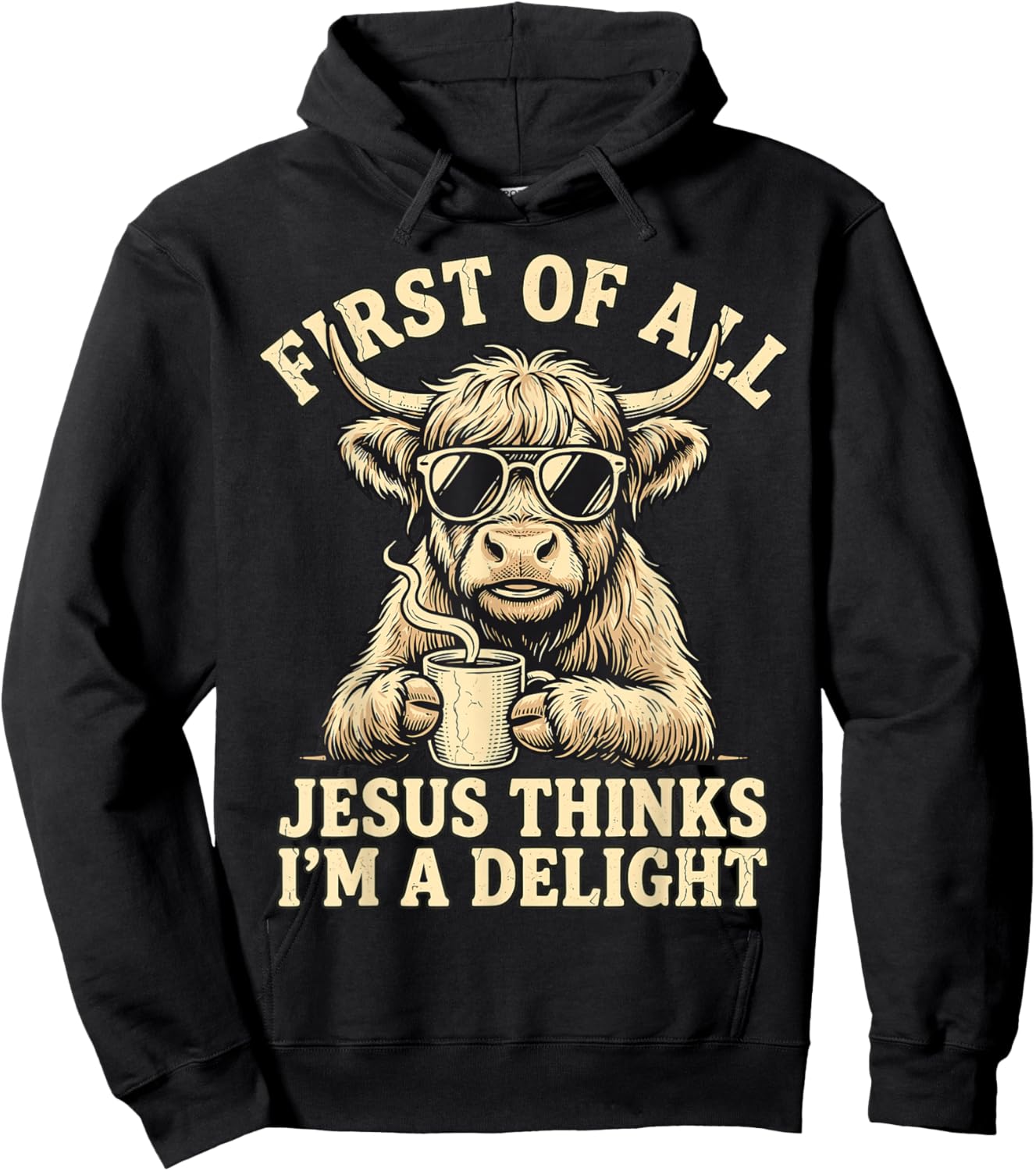 First of All Jesus Thinks I’m A Delight Highland Cow Coffee Hoodie - Hoodie | Black