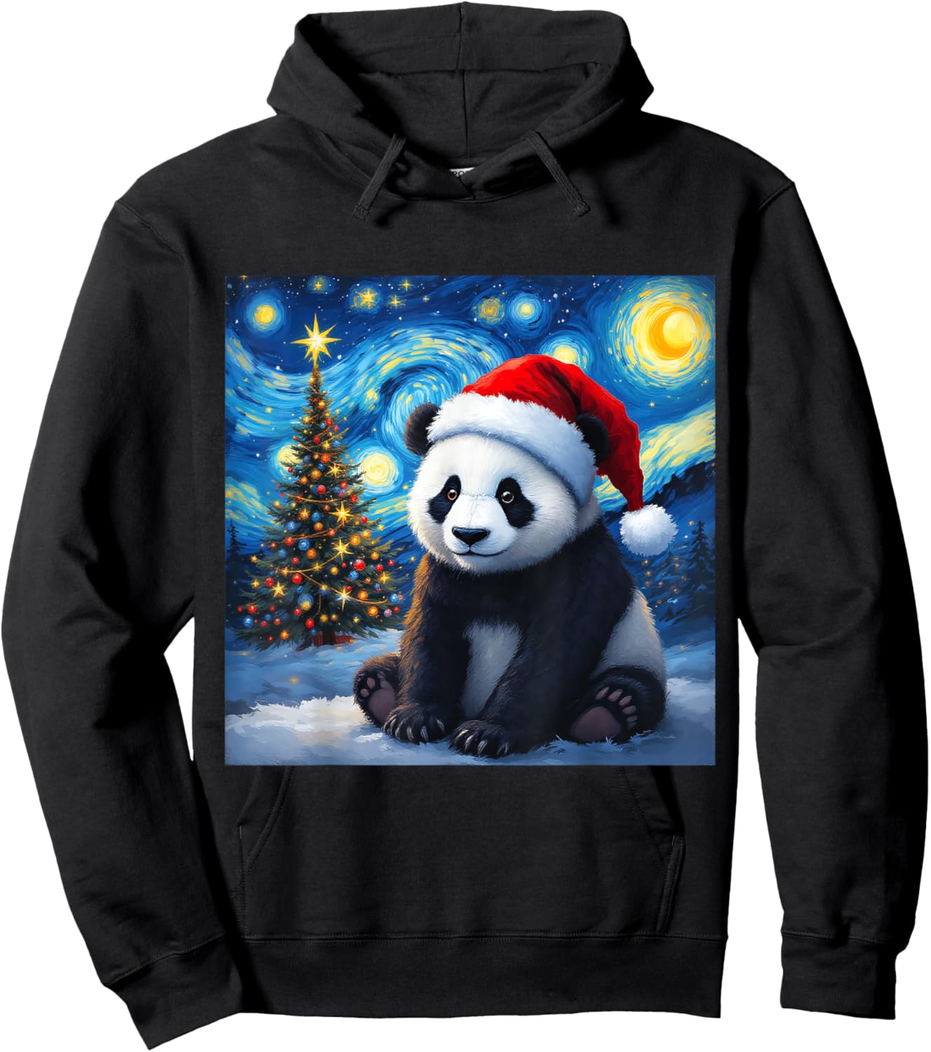 Christmas Panda Santa Hat Van Gogh Starry Night Holiday Hoodie - Hoodie | Black