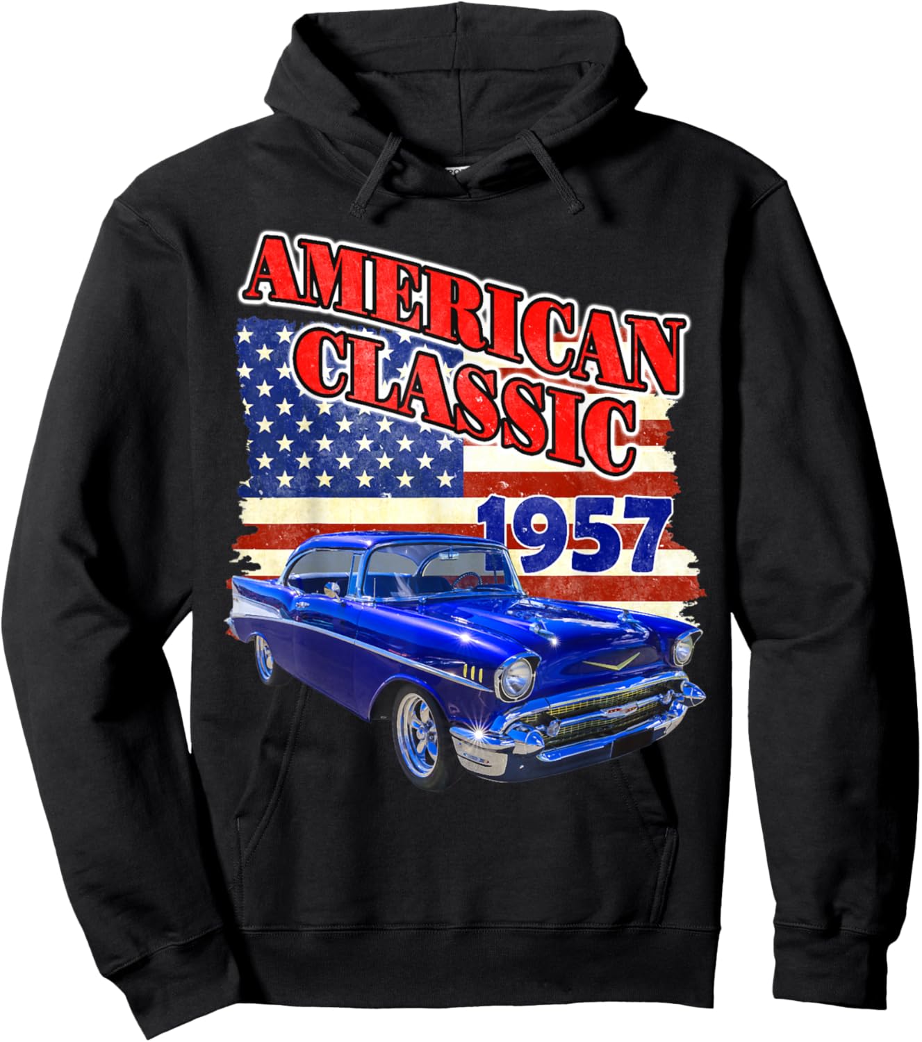1957 57 Bel Air Classic car Old School Hot Rod American Flag Hoodie - Hoodie | Black