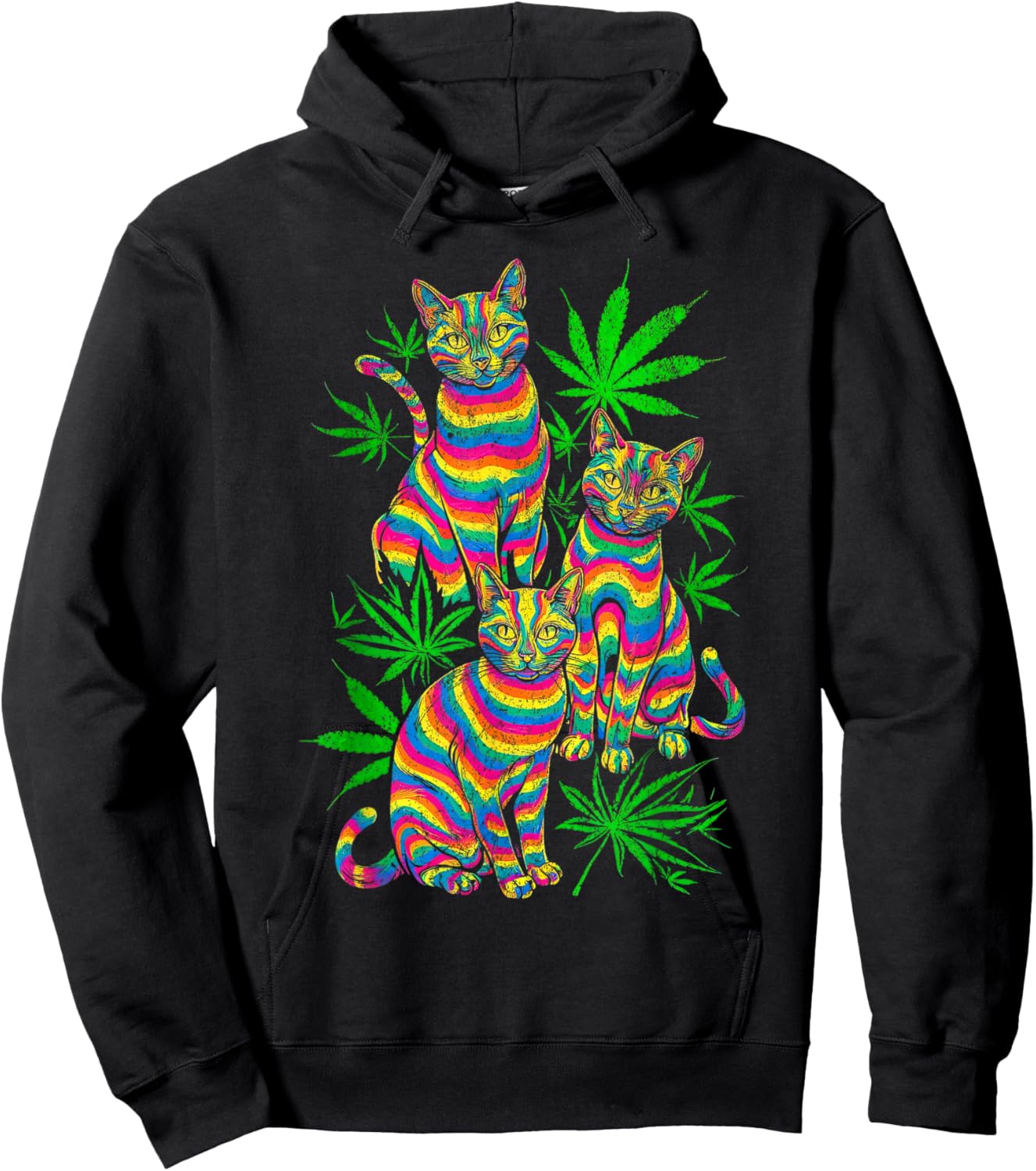 Psychedelic Cats Trippy Marijuana Pot Leaf Weed Cannabis 420 Hoodie - Hoodie | Black