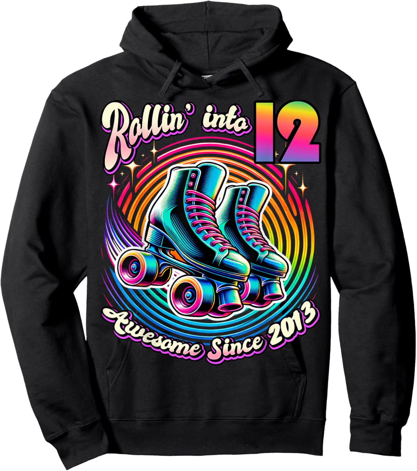 Birthday Roller Skating 12th Girl Rollin into 12 Skate Party Hoodie - Hoodie | Black