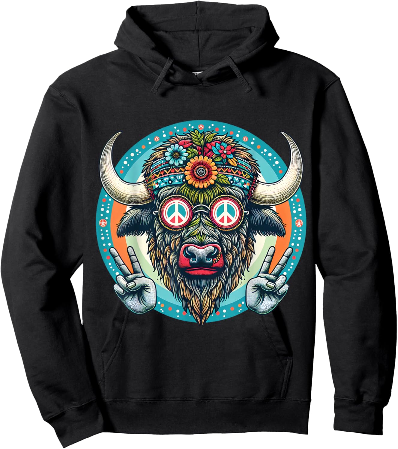 Buffalo Hippie with Peace signs floral Hoodie - Hoodie | Black