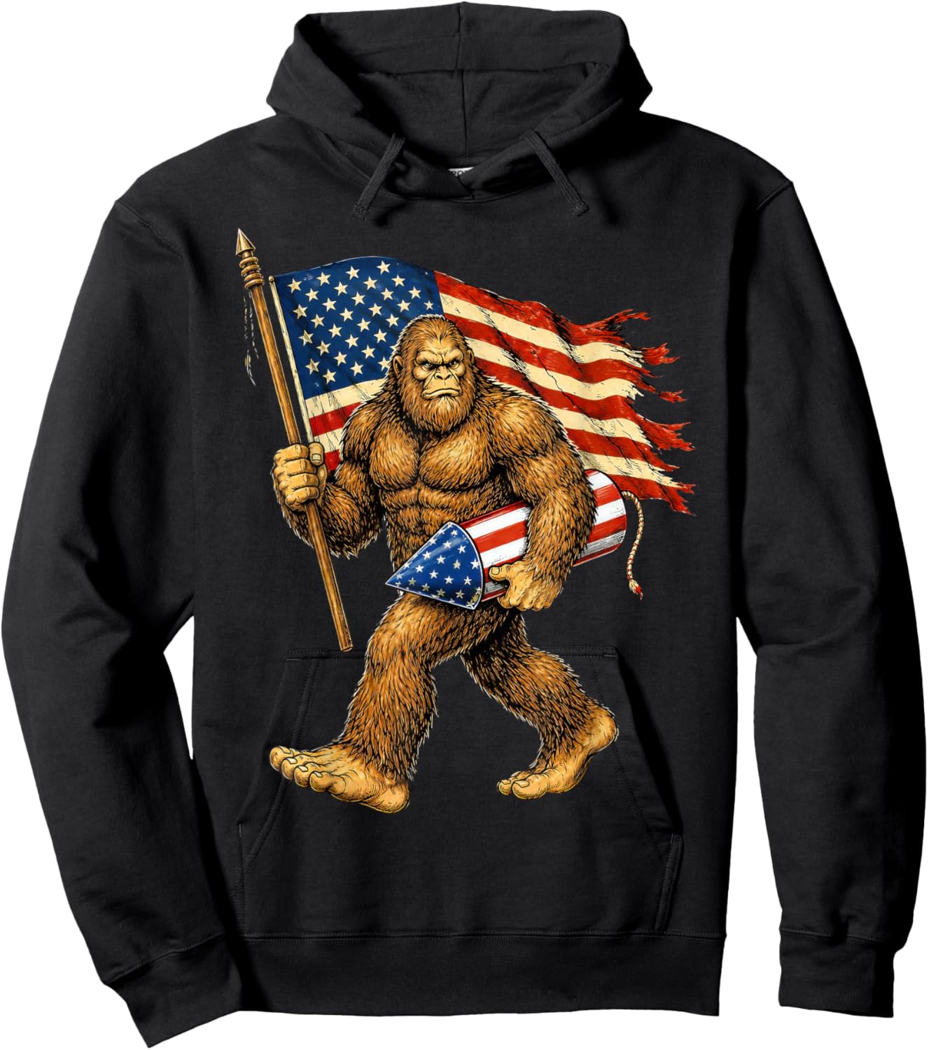 Bigfoot Fireworks 4th of July Men Sasquatch American Flag Hoodie - Hoodie | Black